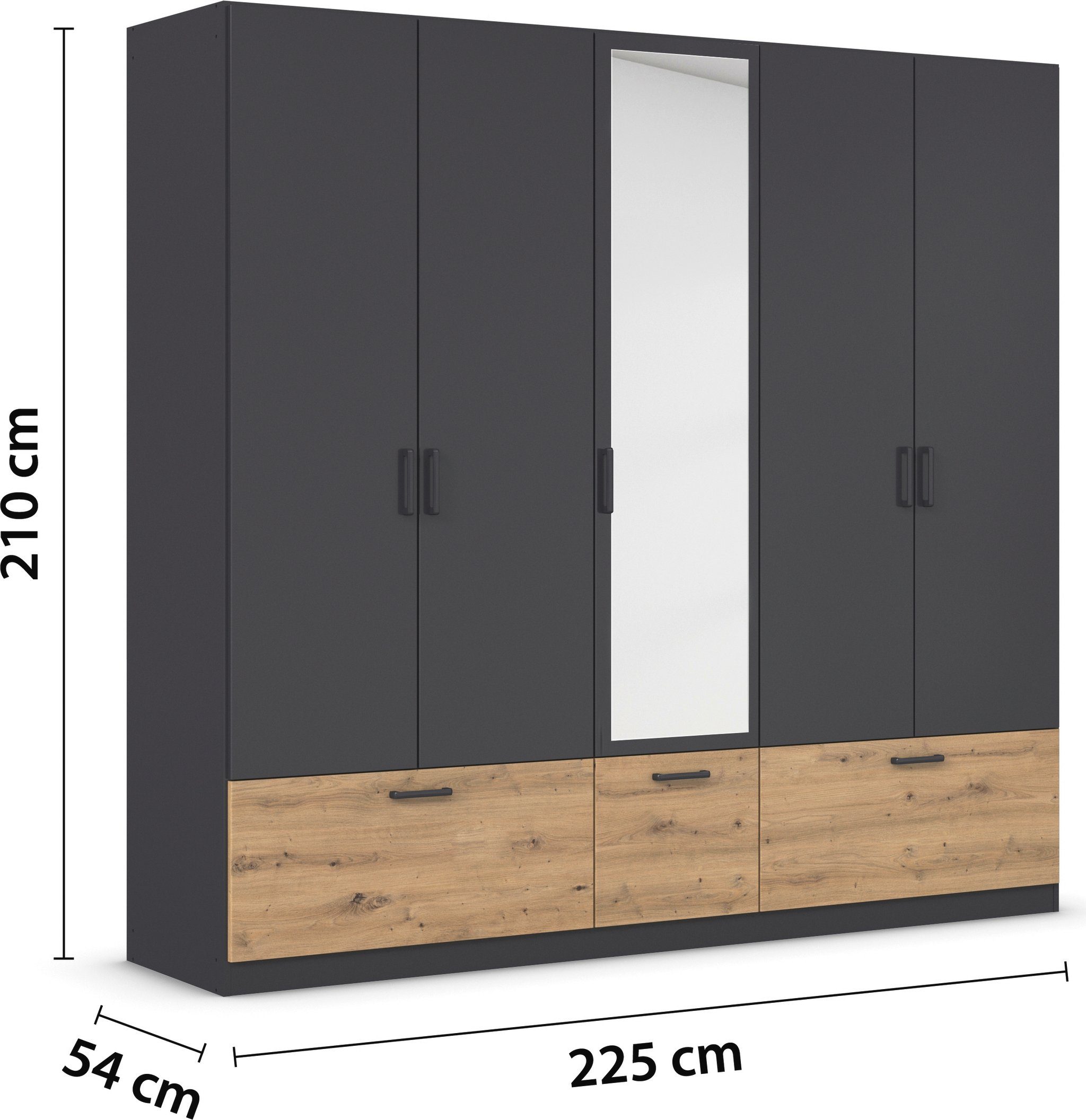 rauch Draaideurkast Kledingkast kast garderobe waskast BARI met spiegel met lades en moderne greep in grijs metallic made in germany