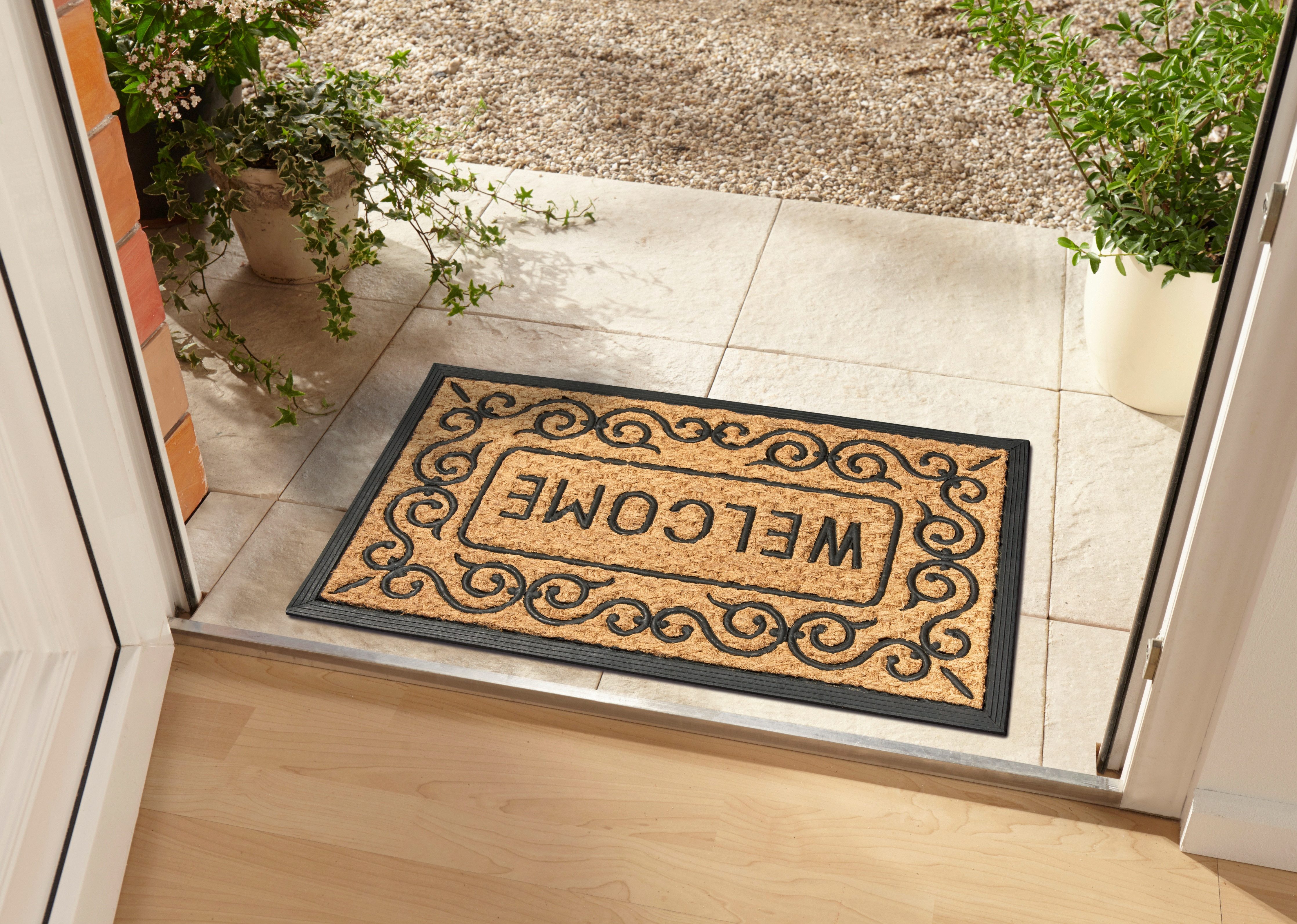 HANSE Home Mat Mix Mats Gummi-Kokos Welcome Floral Border, deurmat Kokos, rubber, vuilafstotende mat, buiten, antislip, binnen, kokosmat