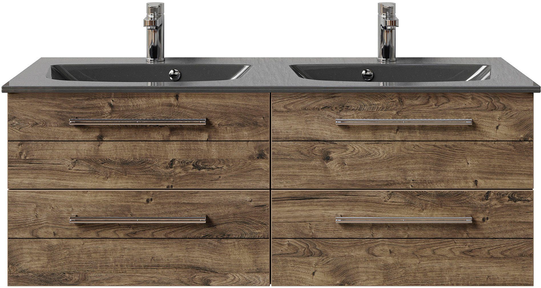 Saphir Wastafelonderkast Serie 6025 mineraalmarmeren wastafel met onderkast, 132 cm breed Dubbele wastafel met 4 lades, hangend, verschillende uitvoeringen (2-delig)