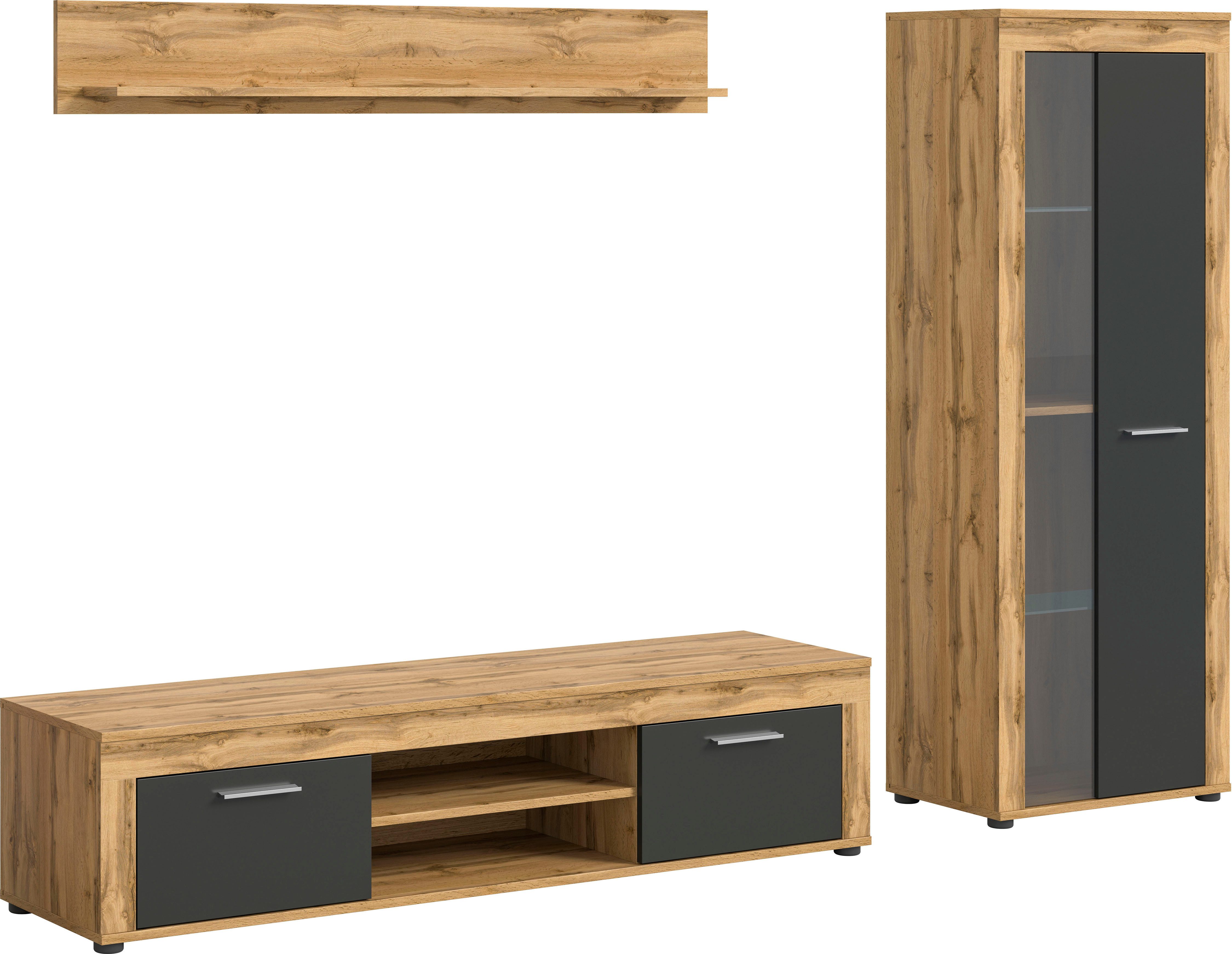 INOSIGN Wandmeubel Aosta, Breedte 235cm, bestaand uit Lowboard, Wandplank, Vitrine Woonwand, combinatie, opbouwwand, meubelset, kastwand, meubelcombi (3-delig)