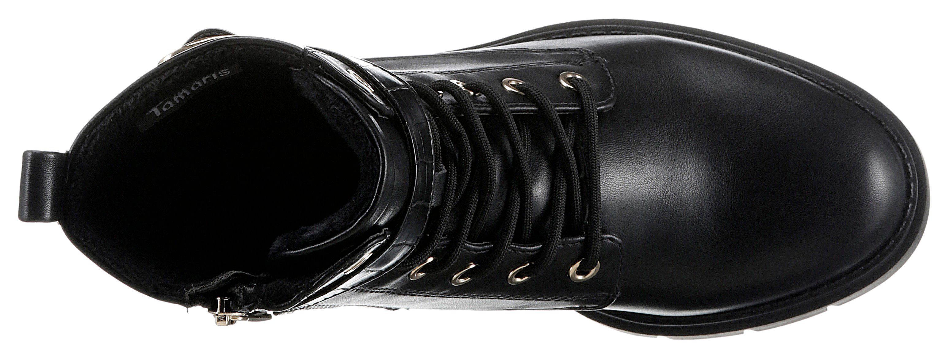 Tamaris Hoge veterschoenen met decoratief bandje in reptielenpatroon en gesp