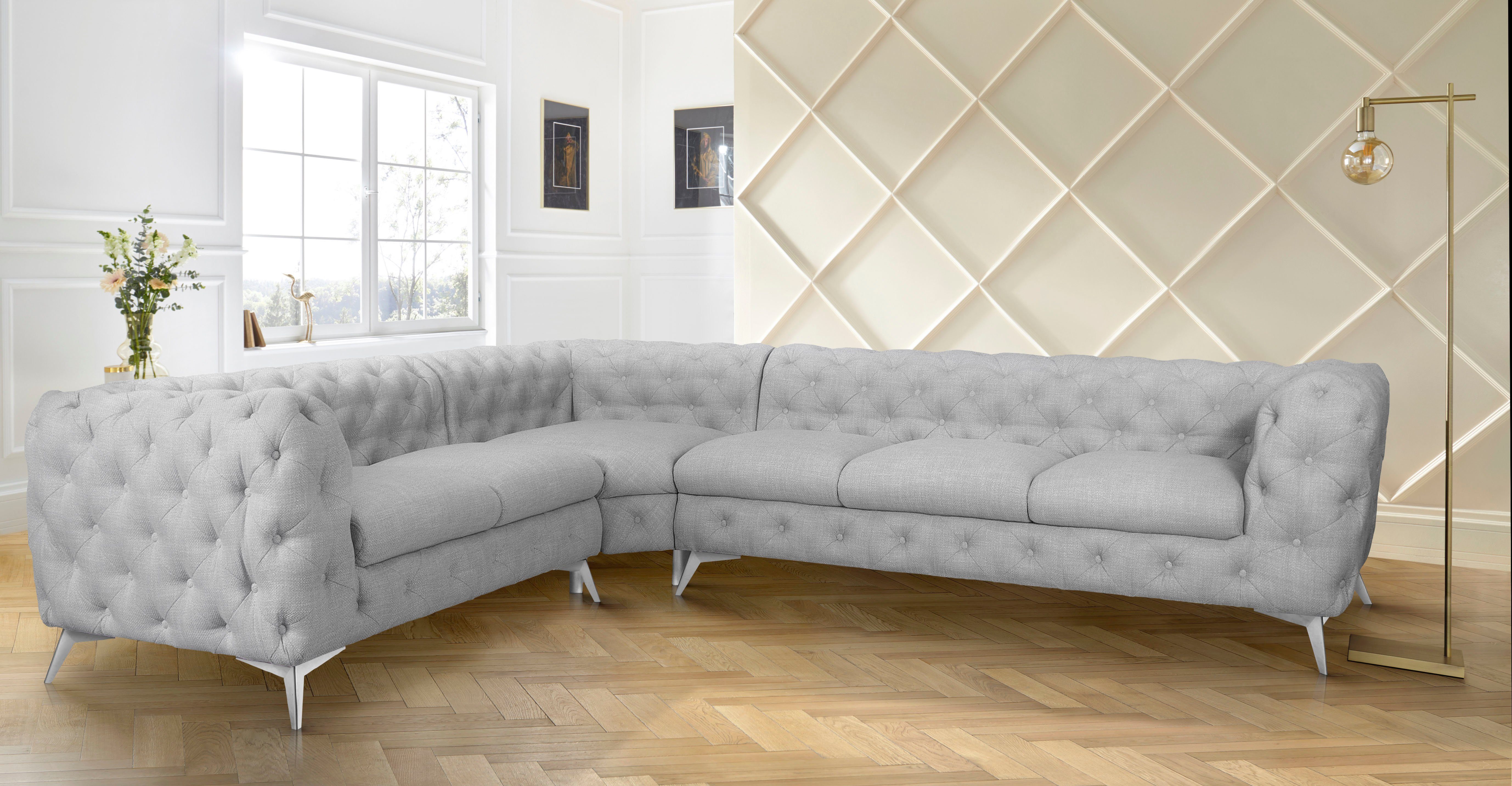 Leonique Chesterfield-bank Ecksofa GLYNIS L-Form mit Wellenunterfederung, Maße B/T/H 323/264/75cm luxueuze capitonnage, moderne chesterfield look, kleur van de poten ter keuze