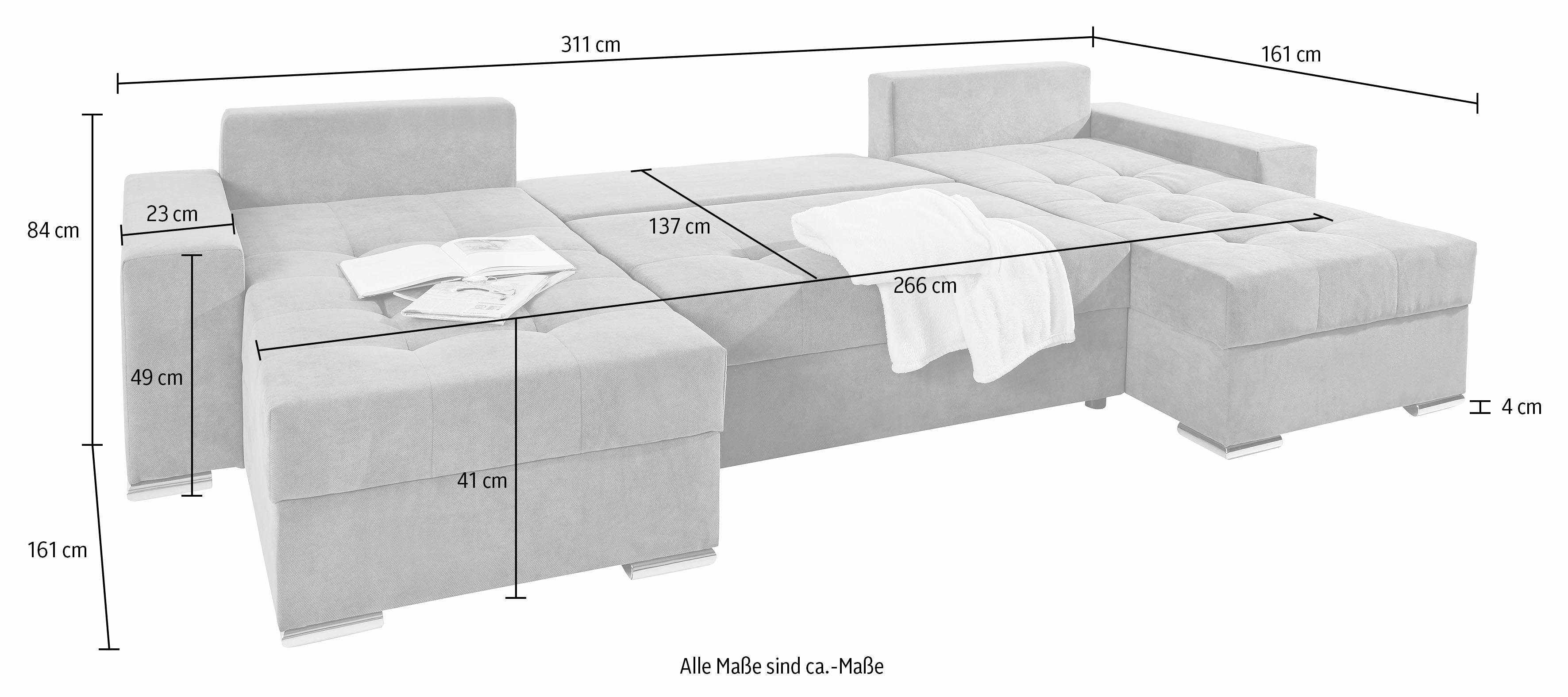 COLLECTION AB Zithoek Josy XL U-vorm, breedte: 313 cm incl. bedfunctie, bedlade, met 4 gelijk grote rugkussens