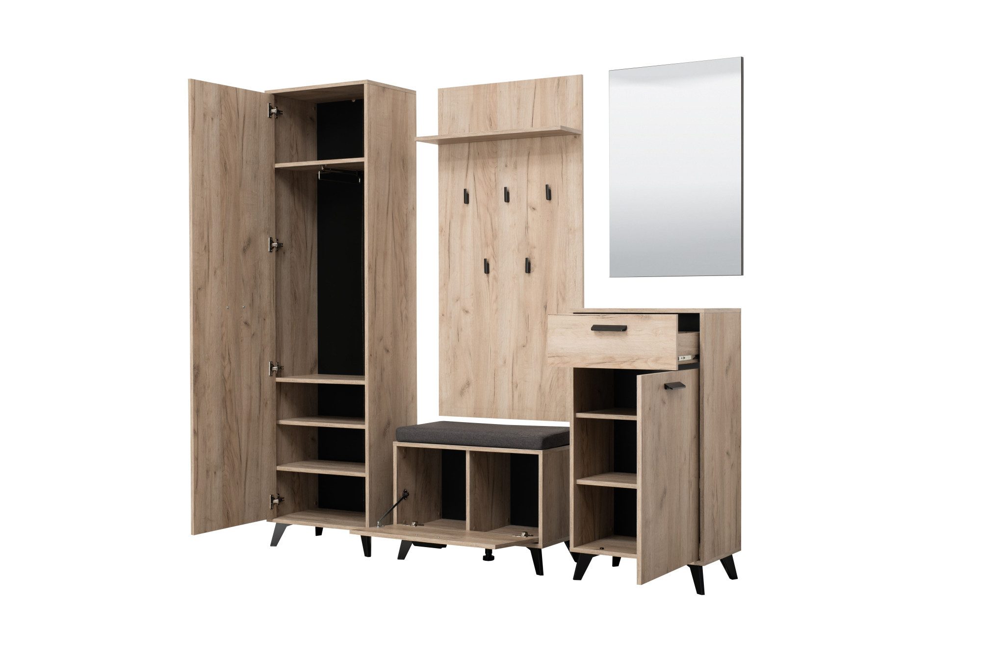 INOSIGN Halmeubelset Umbria, halmeubelen, dielenmeubelen, breedte 175 cm, in grijs eik (complete set, 5-delig)