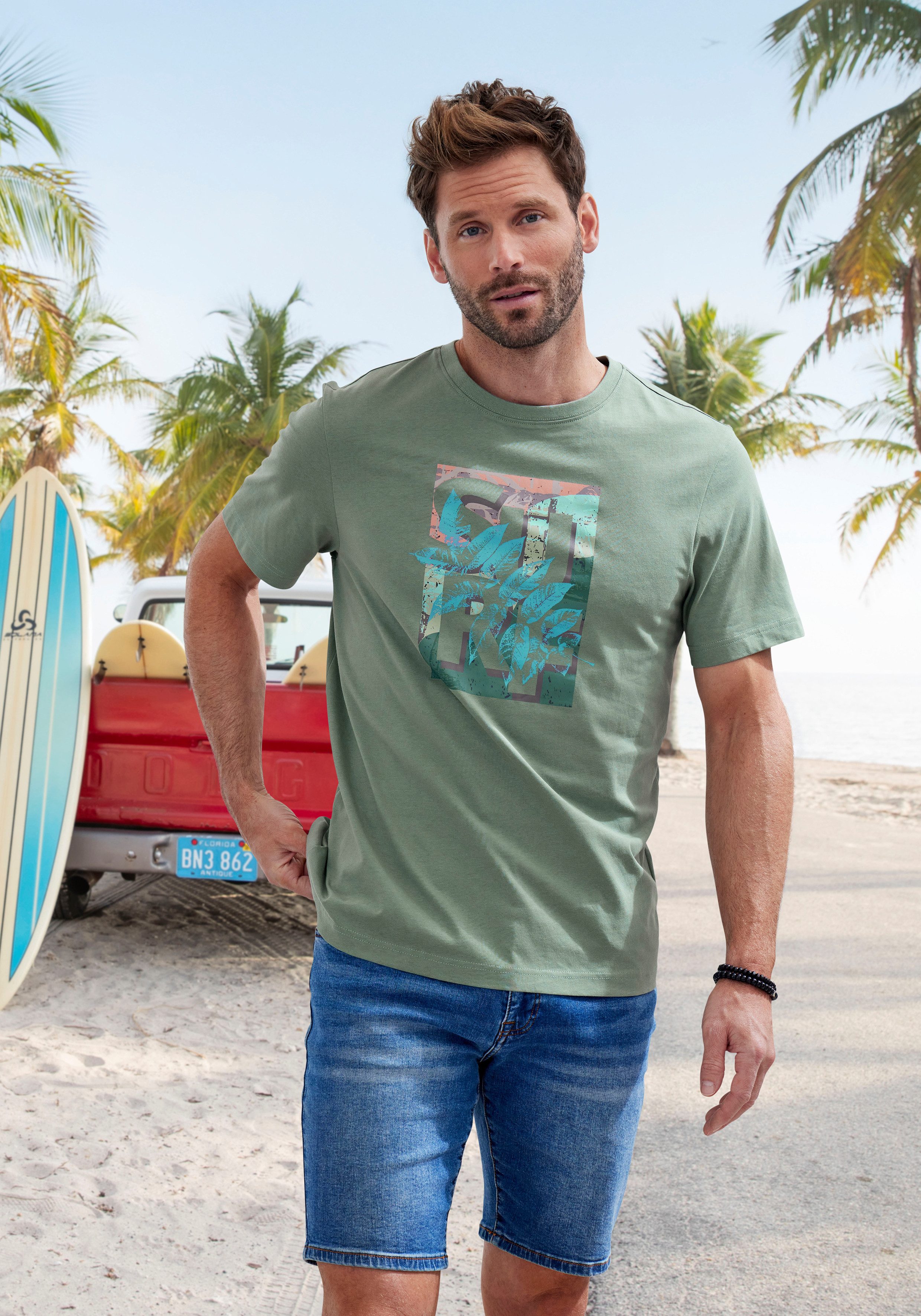 John Devin T-shirt Ronde hals shirt met surf-print van 100% katoen