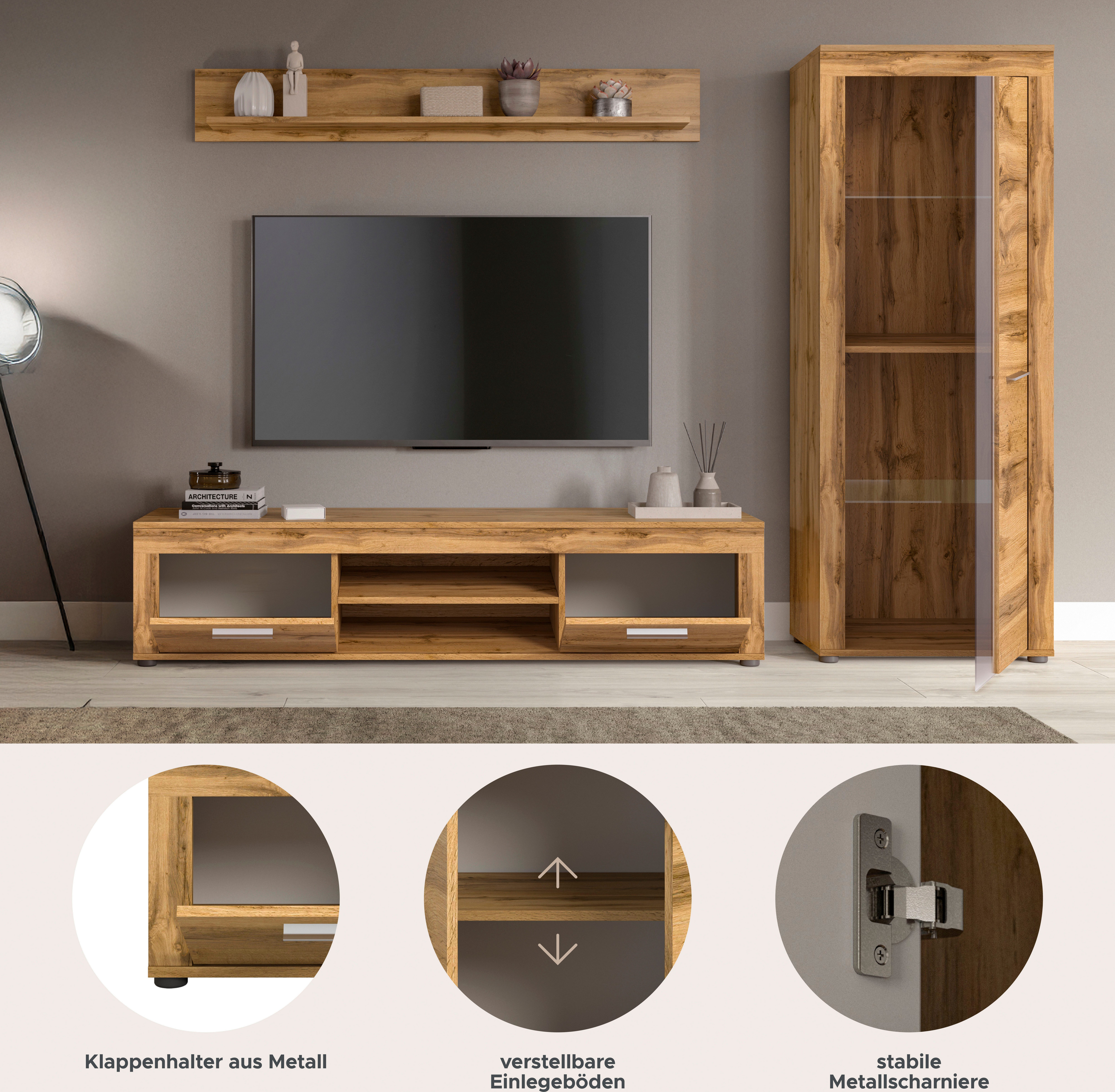 INOSIGN Wandmeubel Aosta, Breedte 235cm, bestaand uit Lowboard, Wandplank, Vitrine Woonwand, combinatie, opbouwwand, meubelset, kastwand, meubelcombi (3-delig)