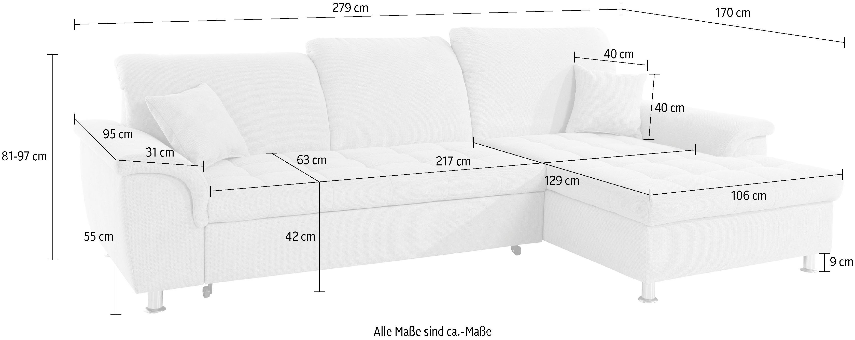DOMO collection Hoekbank Franzi L-vorm naar keuze met verstelbare hoofdsteun (dan diepte: 170 cm)