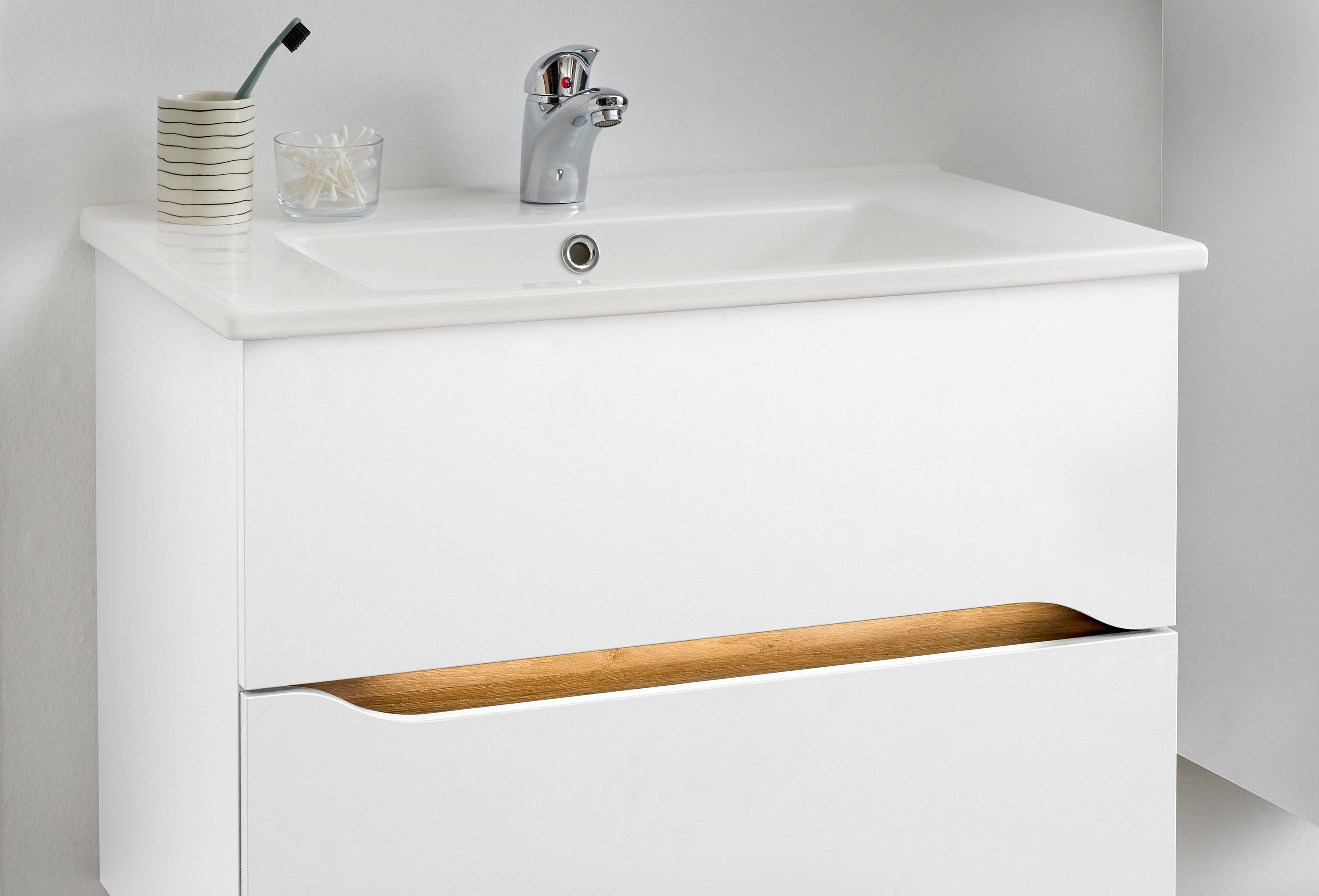 Saphir Badkamerserie Quickset keramische wastafel met onderkast, 75 cm breed Wastafelmeubel, onderkast met wasbak, 2 laden, greeploos (3-delig)