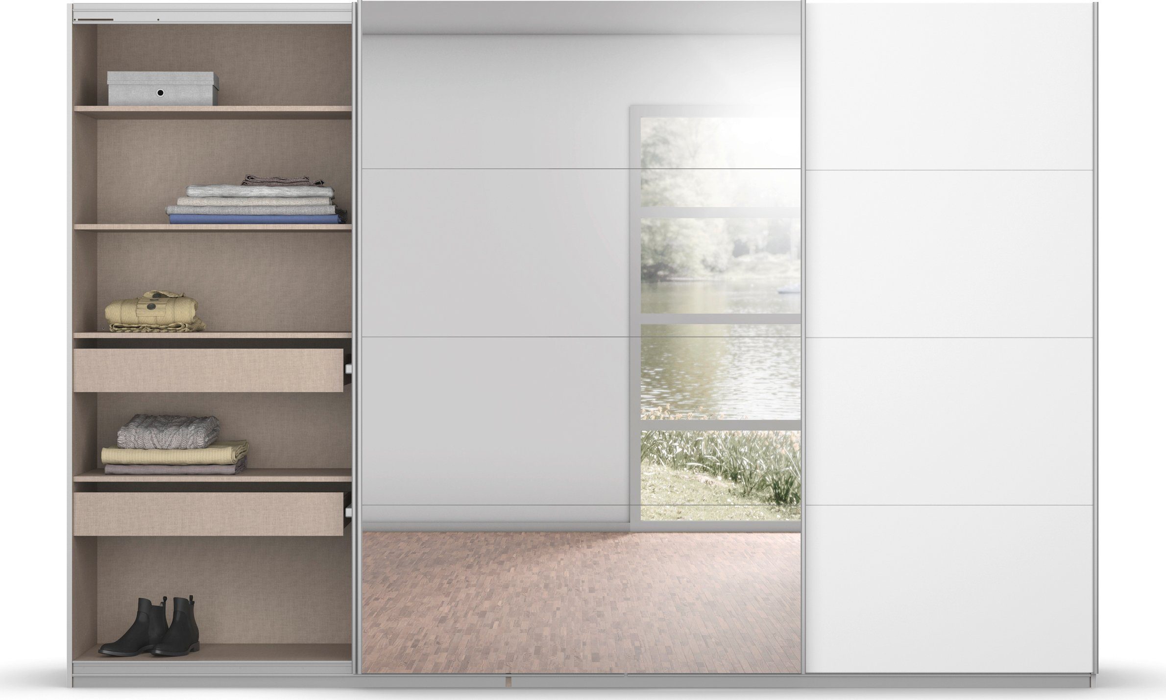 rauch Zweefdeurkast Kledingkast kast garderobe BESTSELLER KOLUNA met spiegel inclusief 2 binnenladen en extra legplanken made in germany
