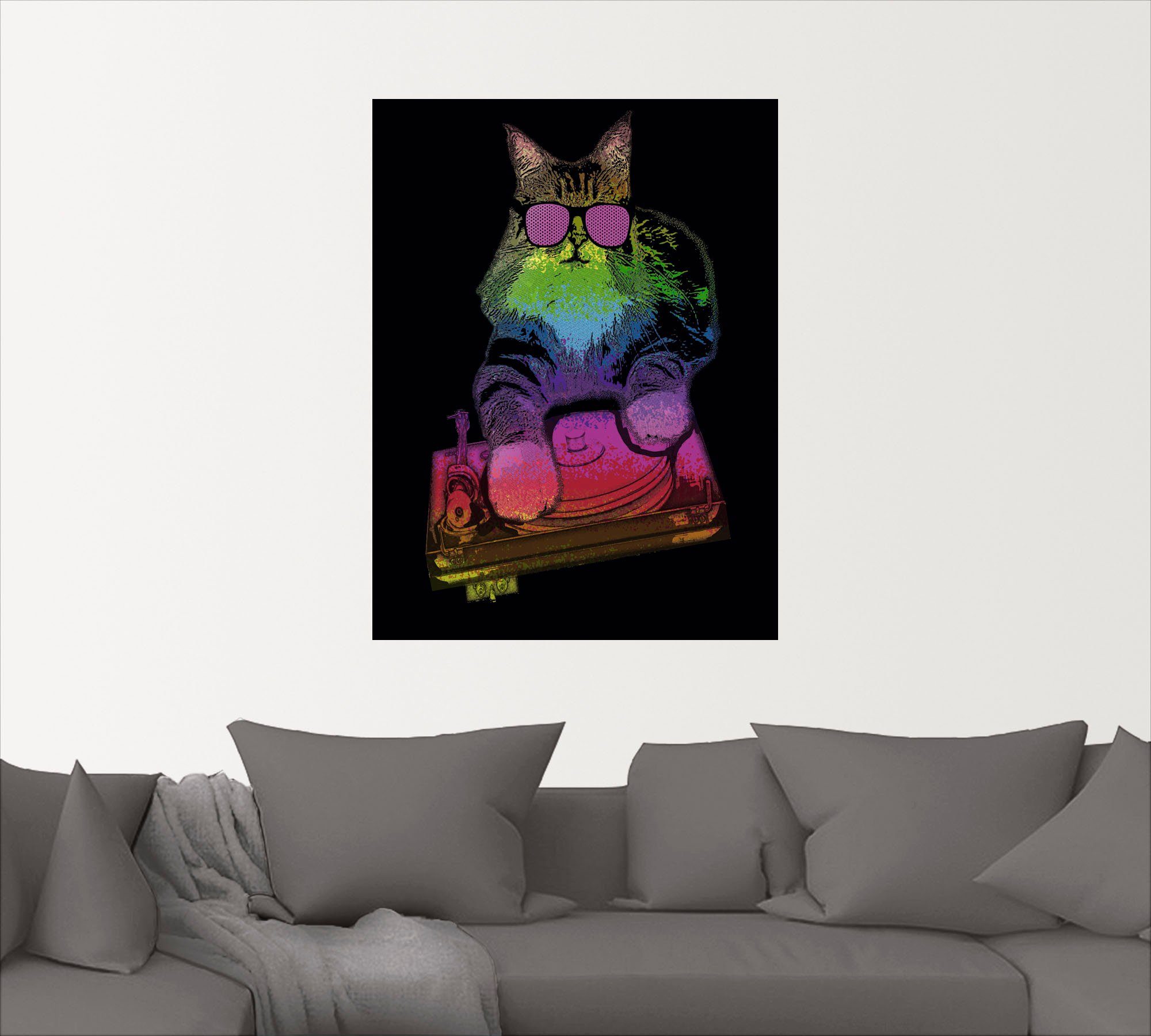 Artland Artprint Grappige dj kat party muziek als artprint van aluminium, artprint op linnen, muursticker of poster in verschillende maten