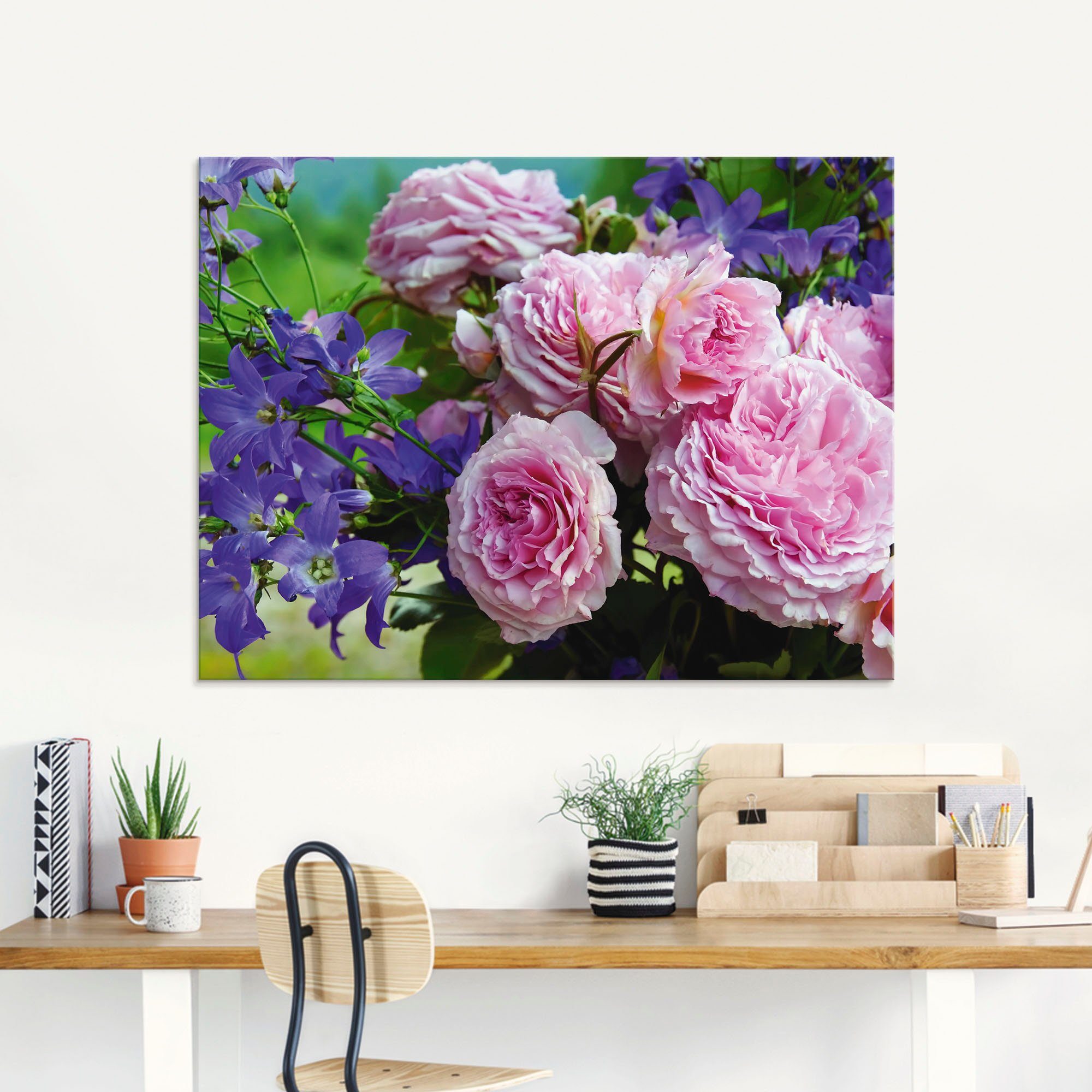 Artland Print op glas Rozen en blauwklokjes in verschillende maten