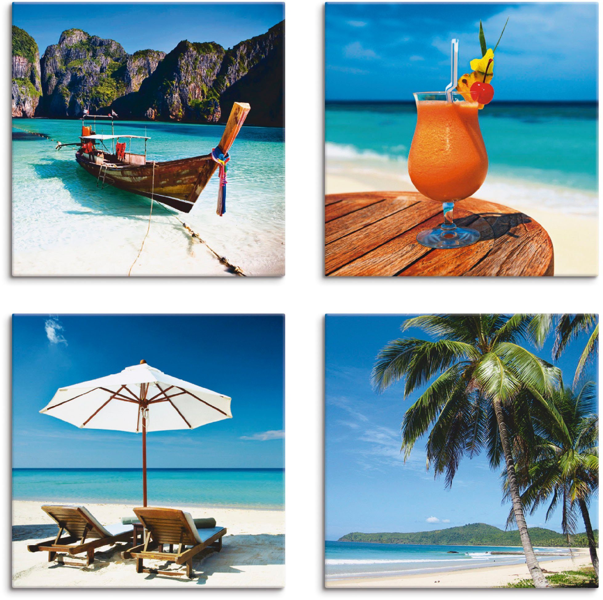 Artland Artprint op linnen Maya Bay fruitcocktail strand set van 4, verschillende maten (4-delig)