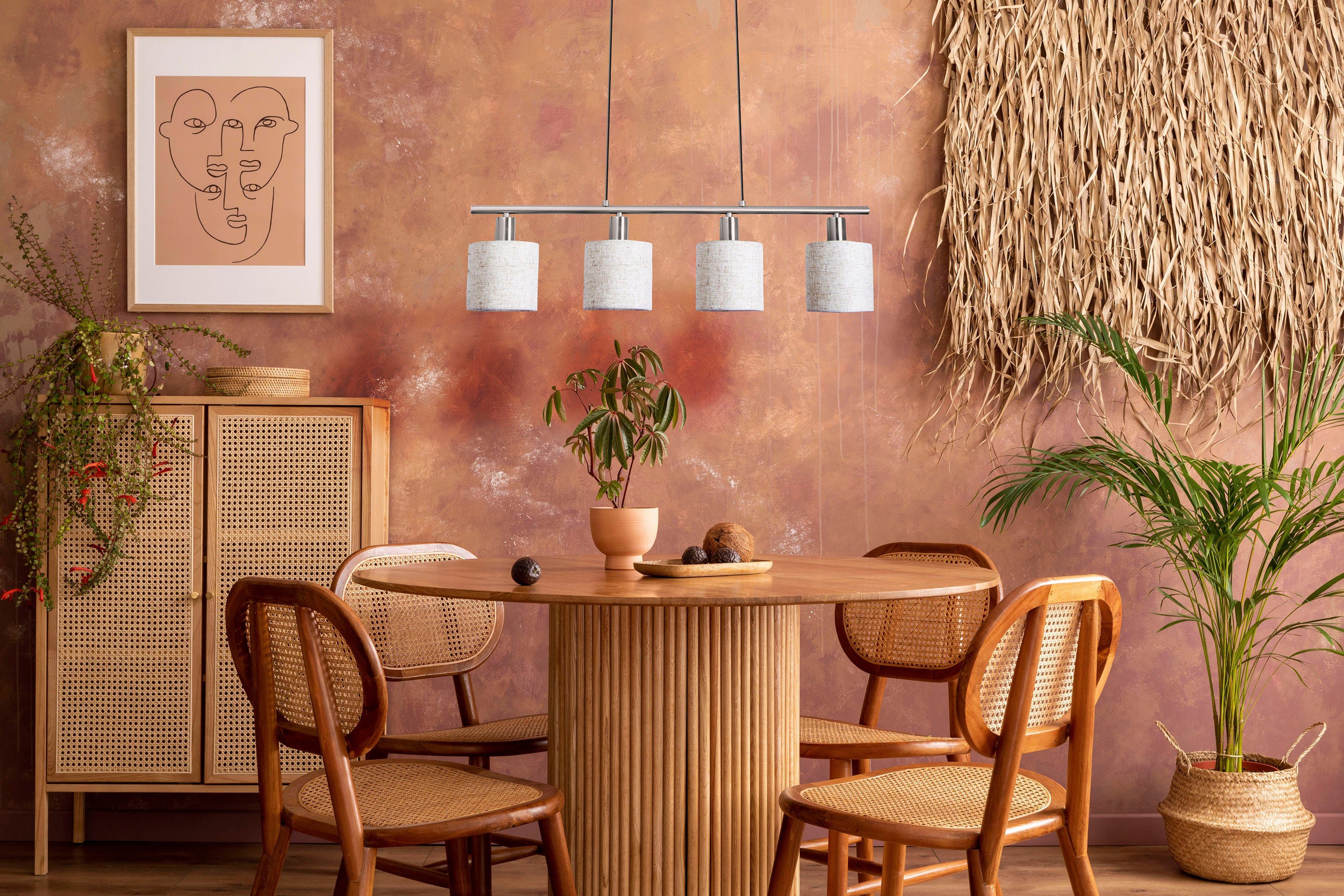 näve Hanglamp Maron Hang-, stoffen pendellamp, L: 71,5 cm, 4xE14 max. 40W, metaal/textiel (1 stuk)