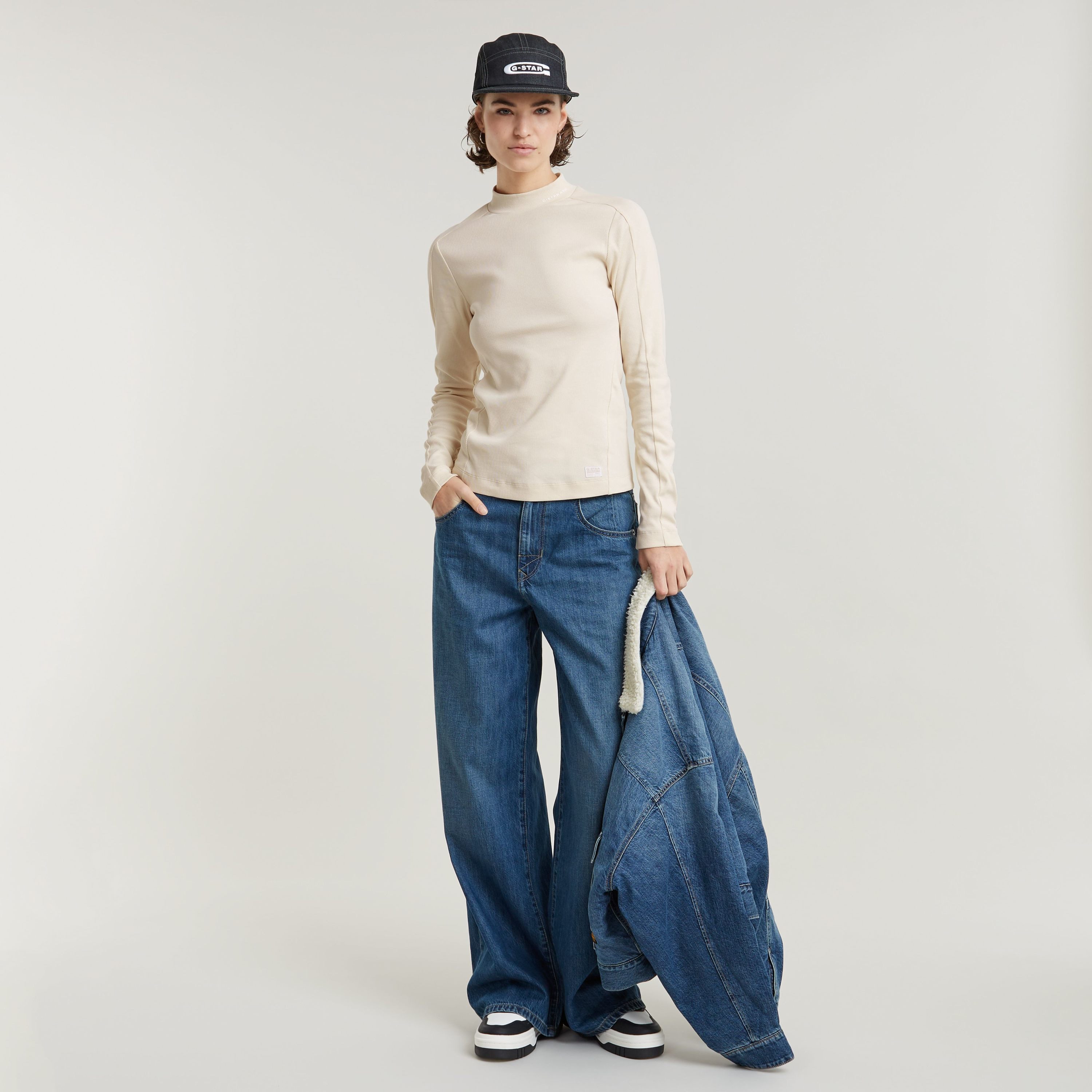 G-Star RAW Longsleeve Rib Mock Top met merkenopdruk op de kraag